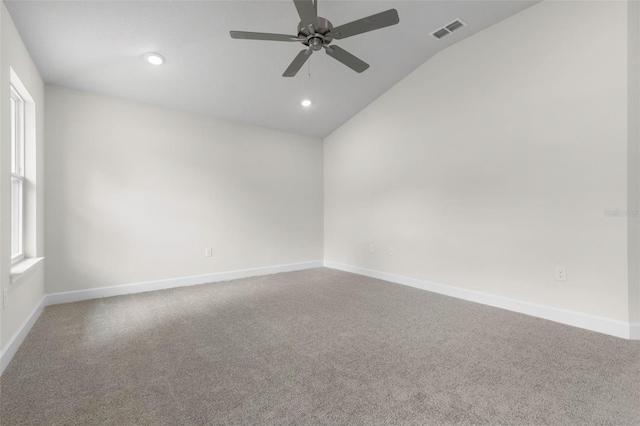 7 Whitcock Ln, Palm Coast, FL 32164 - carpeted empty room featuring a ceiling fan, recessed lighting, vaulted ceiling, and baseboards