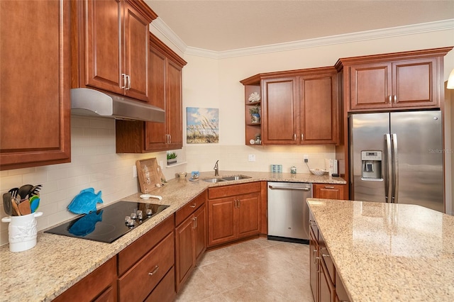 kitchen with light stone countertops, ornamental molding, appliances with stainless steel finishes, and sink