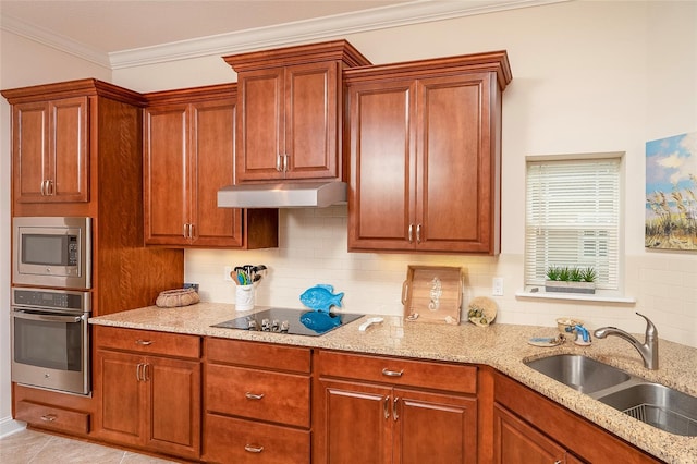 kitchen featuring sink, ornamental molding, appliances with stainless steel finishes, light stone countertops, and decorative backsplash