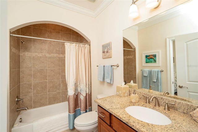 full bathroom featuring shower / tub combo with curtain, ornamental molding, toilet, and vanity