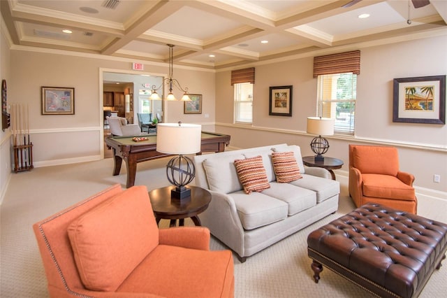 living room with light carpet, coffered ceiling, pool table, and beam ceiling