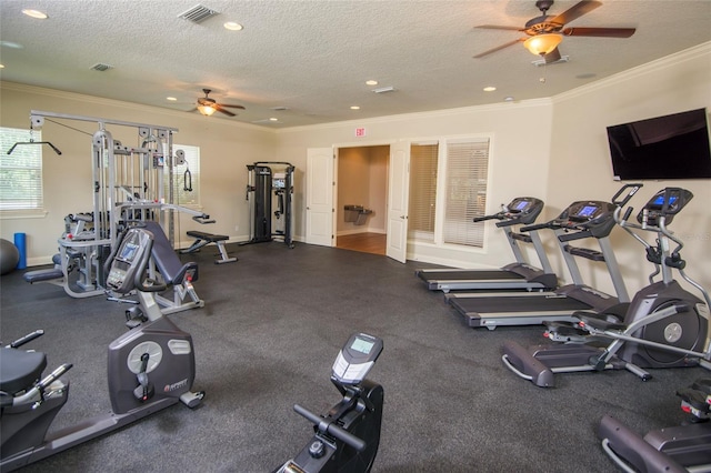 workout area with crown molding, ceiling fan, and a textured ceiling