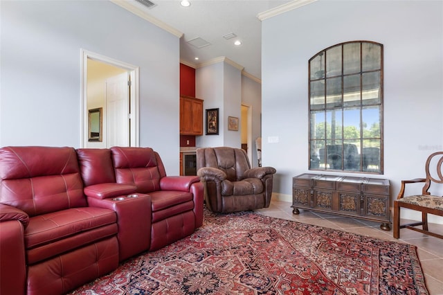 living room featuring crown molding, recessed lighting, visible vents, tile patterned flooring, and baseboards