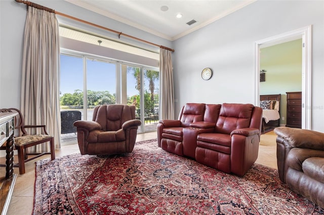 living room with ornamental molding, recessed lighting, light tile patterned flooring, and visible vents