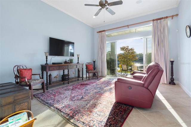 tiled living area featuring ceiling fan, ornamental molding, and baseboards