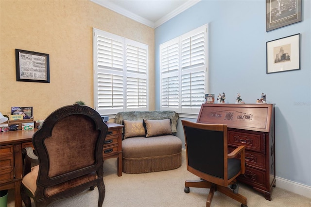 office featuring carpet floors, crown molding, and baseboards