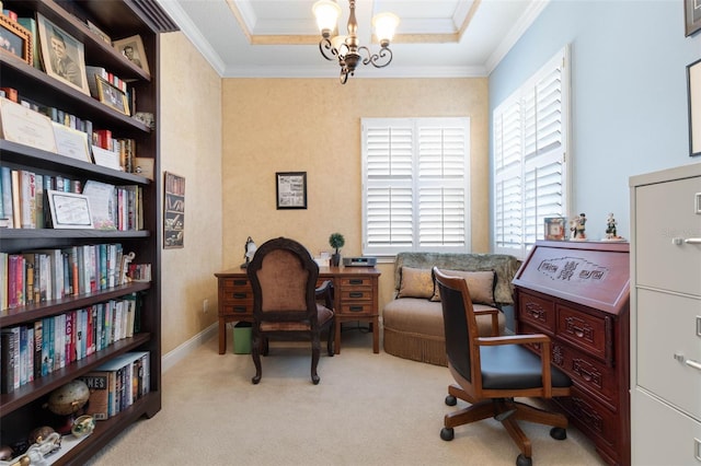 office space with carpet, a notable chandelier, crown molding, and a tray ceiling