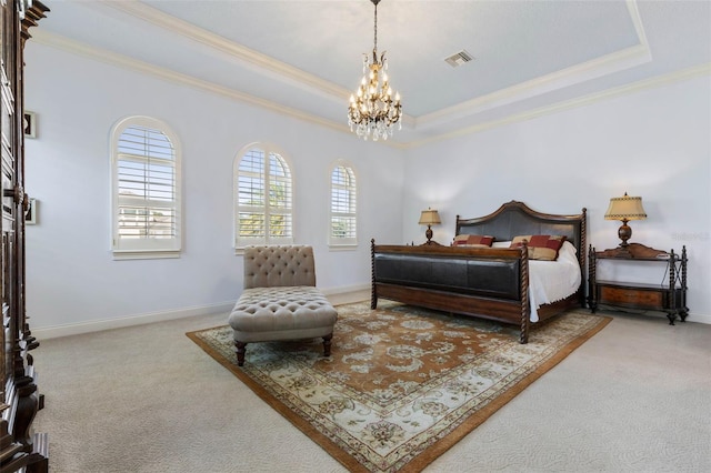 bedroom featuring a raised ceiling, visible vents, and carpet flooring