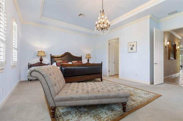 bedroom with light carpet, ornamental molding, a raised ceiling, and visible vents