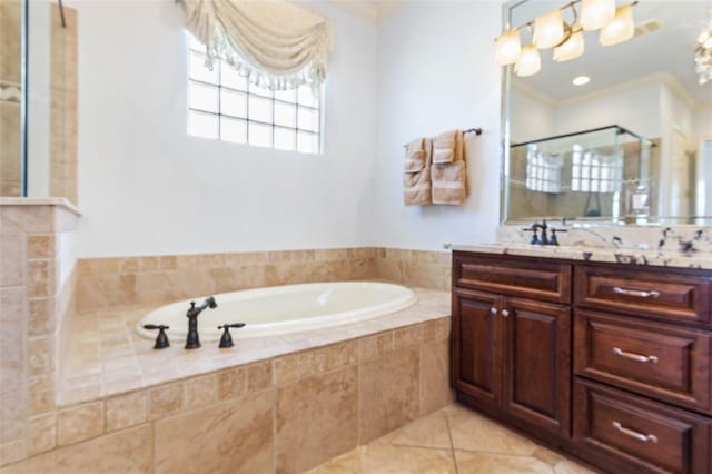 bathroom featuring a garden tub, tile patterned flooring, vanity, a stall shower, and crown molding