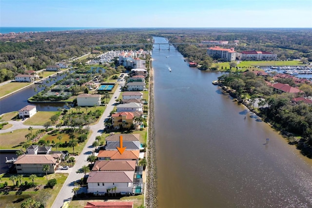 drone / aerial view featuring a water view