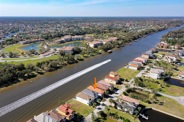 aerial view featuring a water view and a residential view