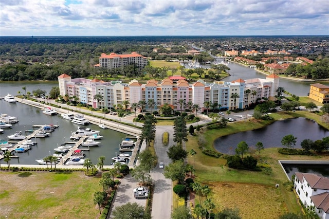 bird's eye view with a water view