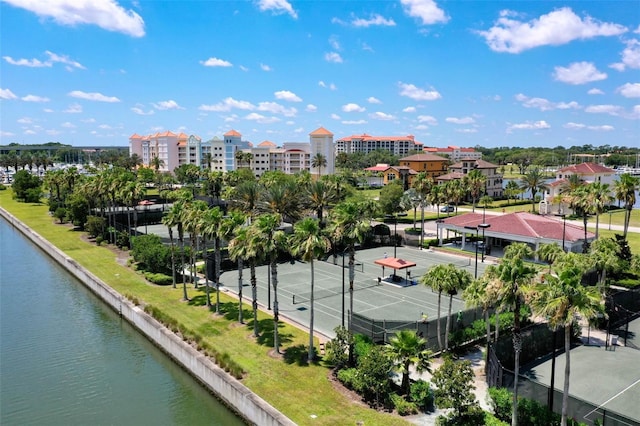 birds eye view of property featuring a water view