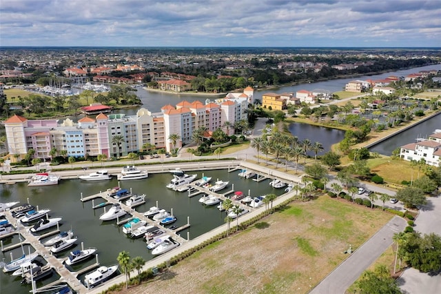 drone / aerial view with a water view