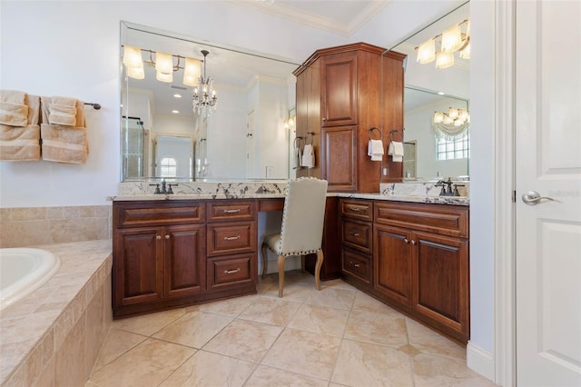 bathroom with two vanities, crown molding, a sink, and a bath