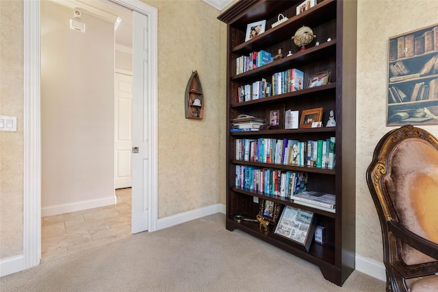 sitting room with carpet floors and baseboards