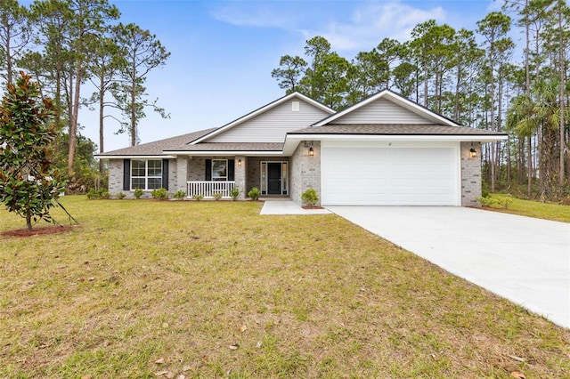 ranch-style home with a garage, a front yard, and a porch