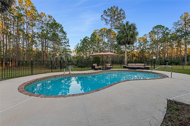 view of pool featuring an outdoor living space and a patio