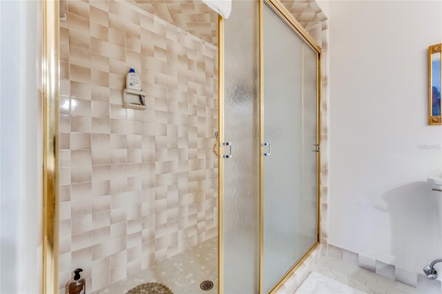 bathroom with a shower with shower door and tile patterned flooring