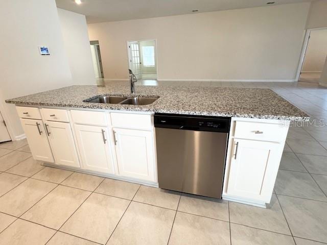 kitchen with dishwasher, sink, a center island with sink, and white cabinets