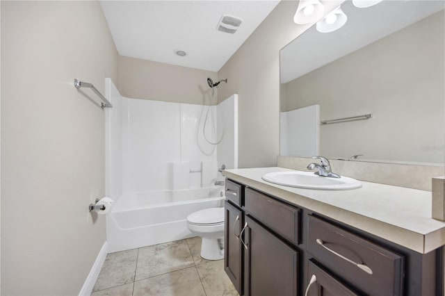 full bathroom featuring vanity, toilet, tub / shower combination, and tile patterned flooring