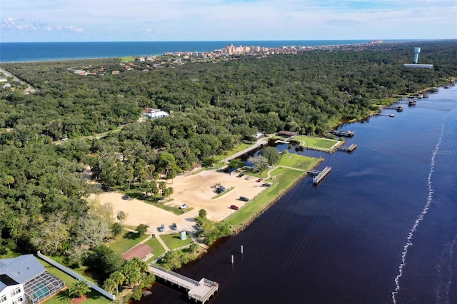 aerial view featuring a water view