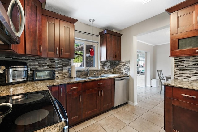 kitchen featuring light tile patterned flooring, sink, stainless steel appliances, light stone countertops, and backsplash