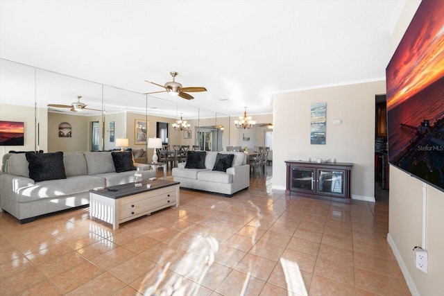 tiled living room featuring crown molding and ceiling fan with notable chandelier