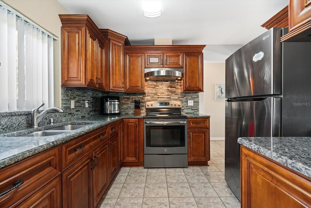 kitchen with tasteful backsplash, sink, dark stone counters, and appliances with stainless steel finishes