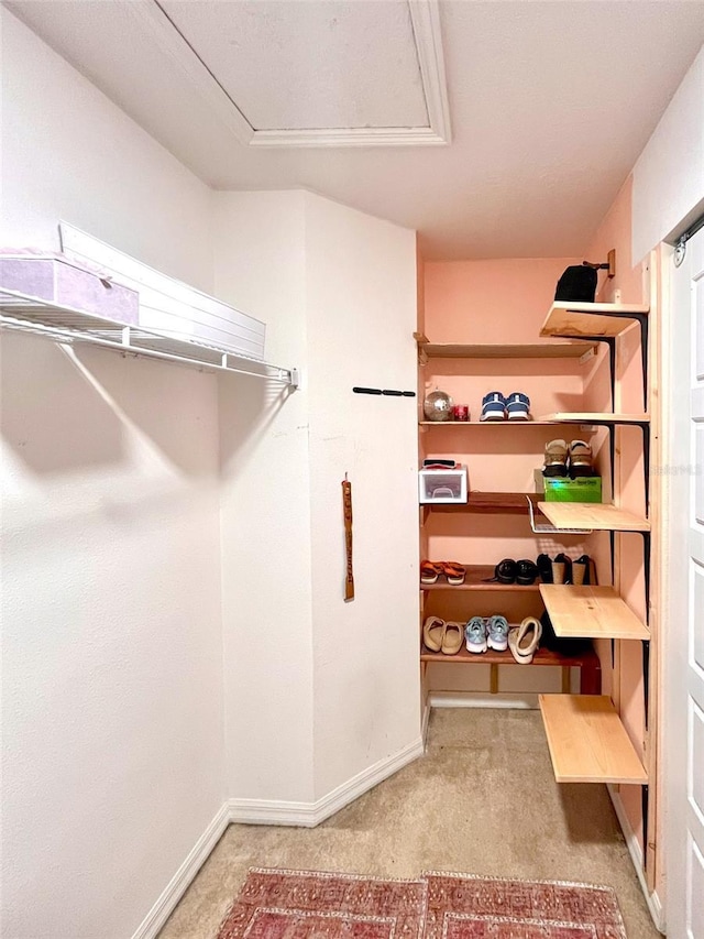 spacious closet with carpet and attic access