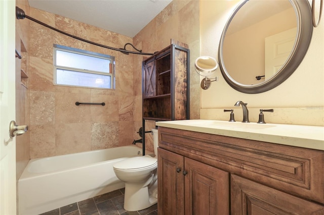 full bath with vanity, shower / tub combination, and toilet