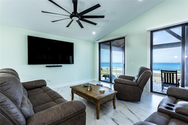 living room featuring vaulted ceiling and ceiling fan