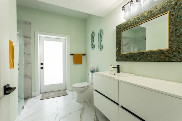 bathroom featuring vanity, toilet, and a shower