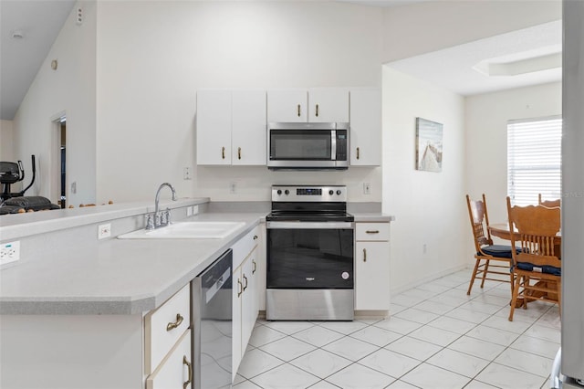 kitchen featuring light tile patterned flooring, sink, white cabinets, kitchen peninsula, and stainless steel appliances