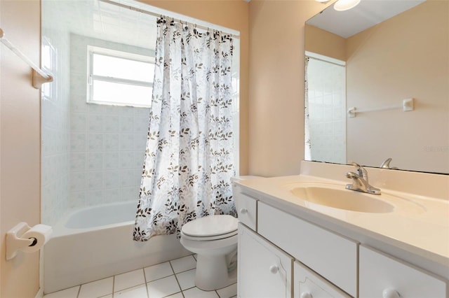 full bathroom with vanity, shower / tub combo with curtain, tile patterned floors, and toilet