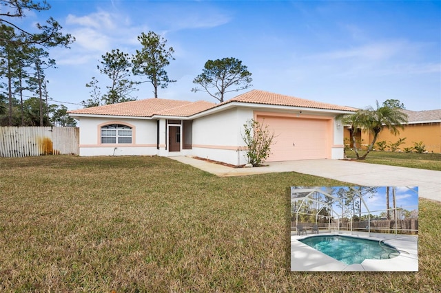 view of front of house featuring a garage, a lanai, a front yard, and a fenced in pool