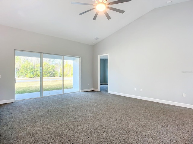 spare room with high vaulted ceiling, ceiling fan, and carpet flooring