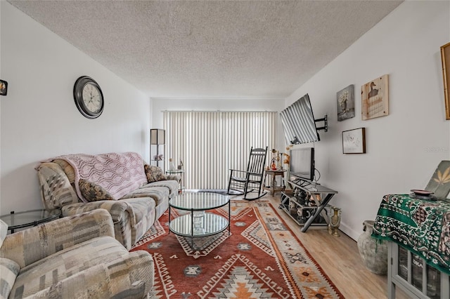 living room with a textured ceiling and light hardwood / wood-style flooring