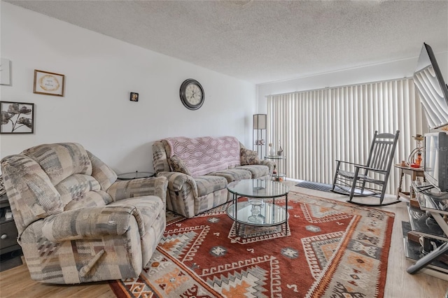 living room with hardwood / wood-style floors and a textured ceiling