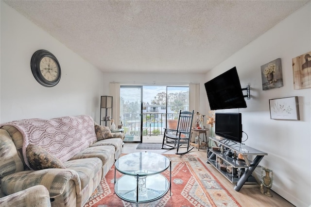 living room with wood-type flooring and a textured ceiling