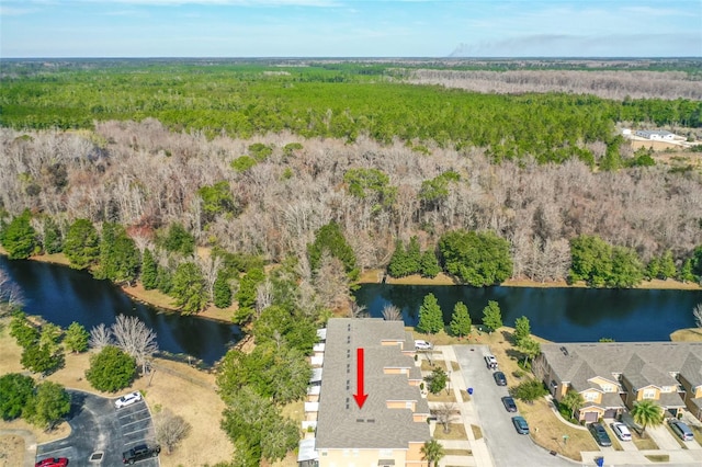 drone / aerial view featuring a water view