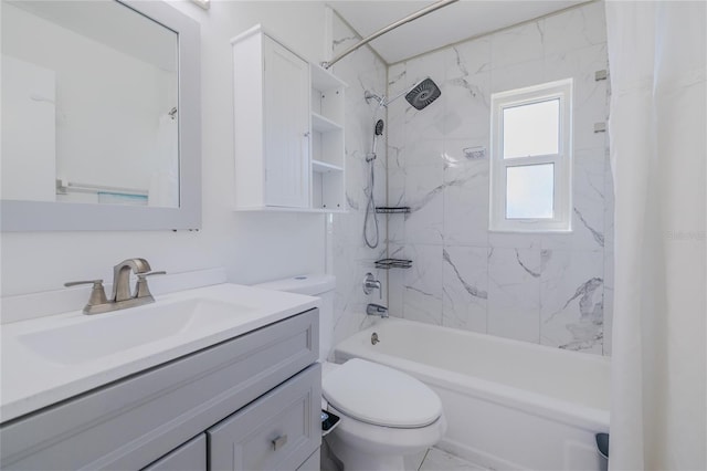 full bathroom featuring vanity, shower / tub combo, and toilet