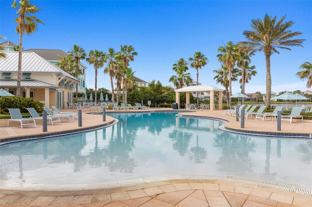 view of pool featuring a gazebo and a patio area