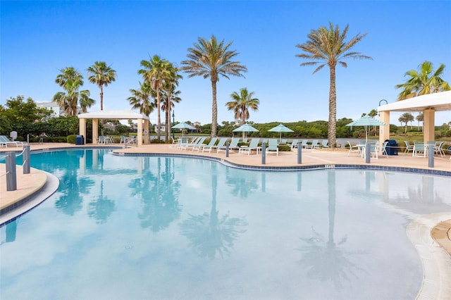 view of swimming pool featuring a patio area