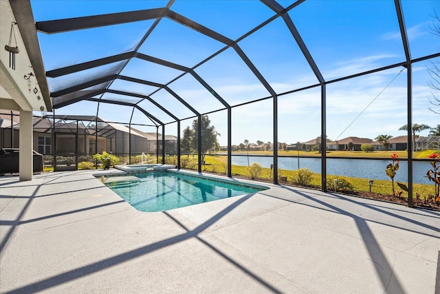 view of pool with a water view, an in ground hot tub, a lanai, and a patio