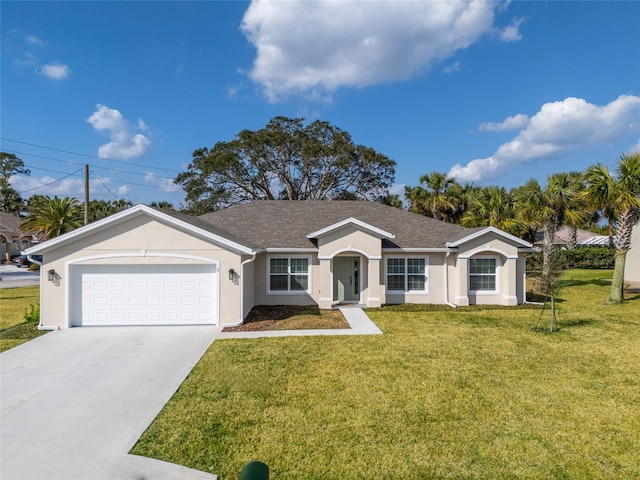 single story home featuring a garage and a front yard