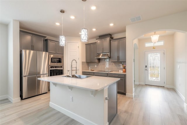 kitchen with pendant lighting, tasteful backsplash, sink, stainless steel appliances, and a center island with sink