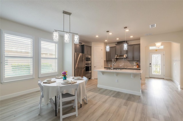 kitchen with a center island with sink, appliances with stainless steel finishes, pendant lighting, and backsplash