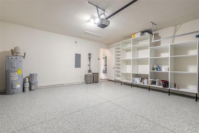 garage with a garage door opener, electric panel, and water heater